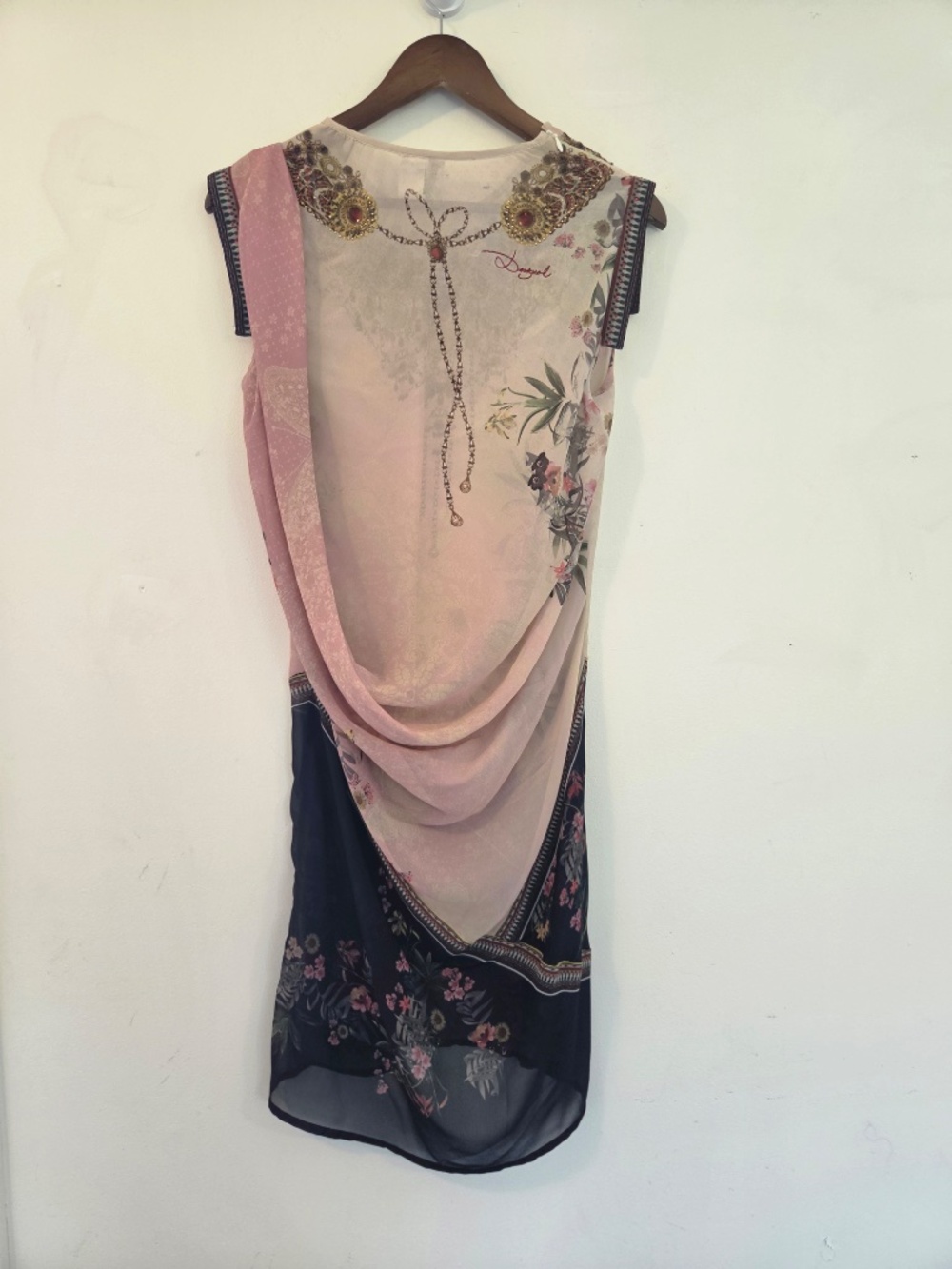 Desigual dress L pink/black midi hi/low metallic florals gems sleeveless boho - Picture 10 of 16